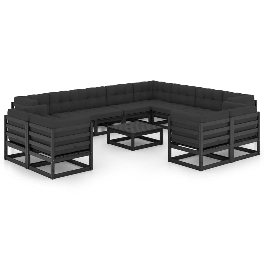 13-piece garden lounge set with cushions black solid pine