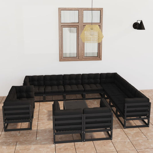 13-piece garden lounge set with cushions black solid pine