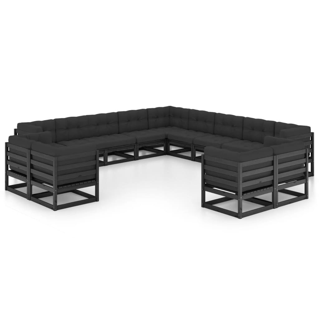 13-piece garden lounge set with cushions black solid pine