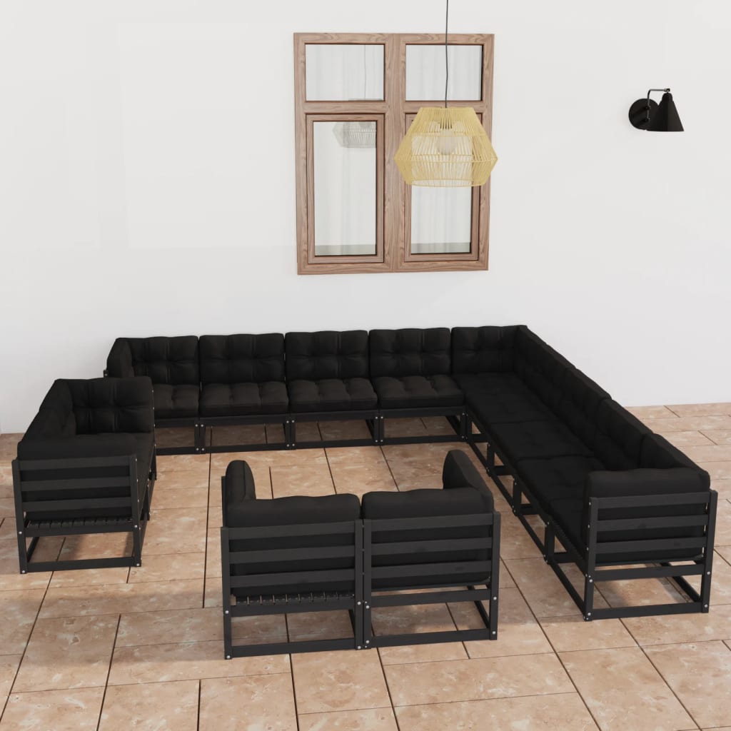 13-piece garden lounge set with cushions black solid pine