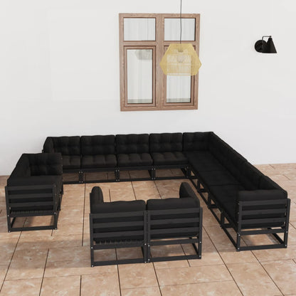13-piece garden lounge set with cushions black solid pine