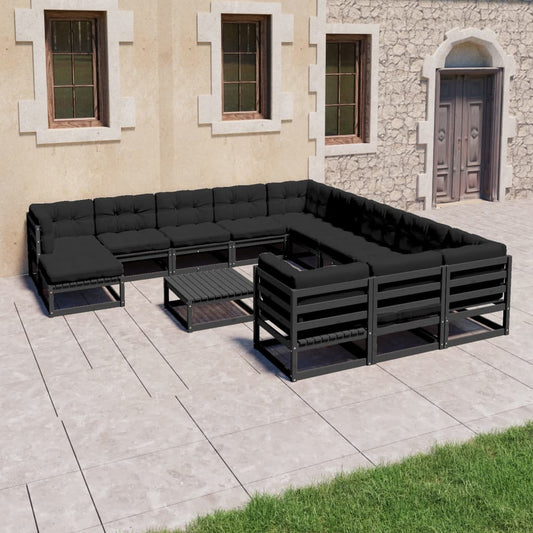 13-piece garden lounge set with cushions black solid pine