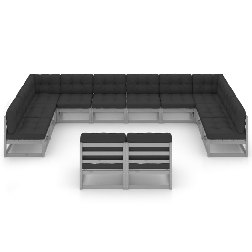 12-tlg. Garten-Lounge-Set mit Kissen Grau Massivholz Kiefer
