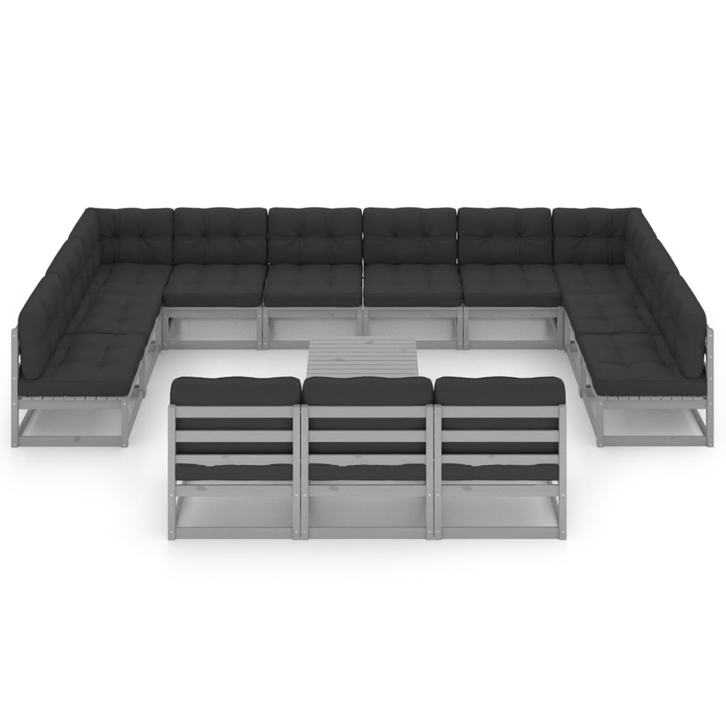 14 kom. Vrtna garnitura za sjedenje s jastucima Siva masivna borovina