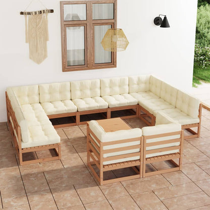 12-tlg. Garten-Lounge-Set mit Kissen Honigbraun Massivholz