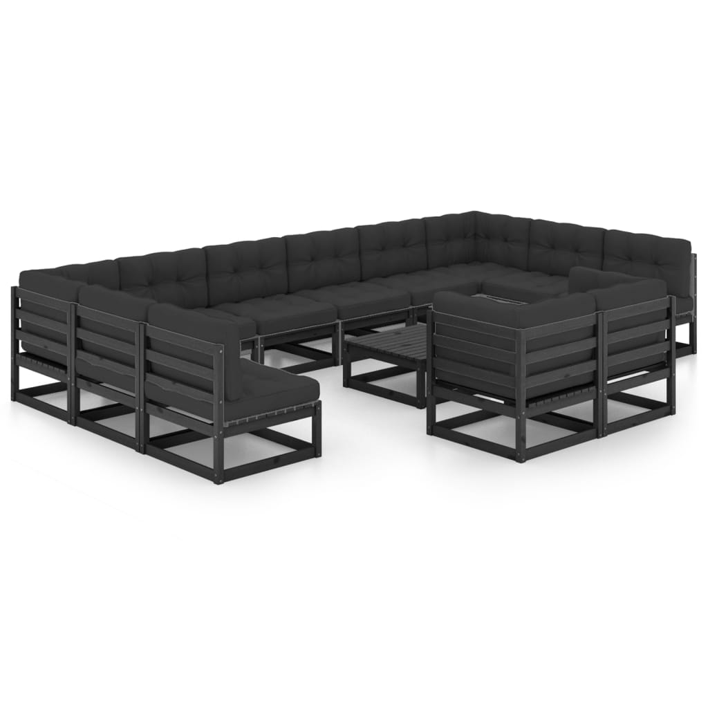 13-tlg. Garten-Lounge-Set mit Kissen Schwarz Massivholz Kiefer