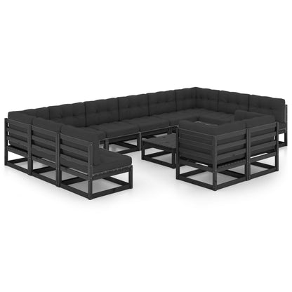 13-tlg. Garten-Lounge-Set mit Kissen Schwarz Massivholz Kiefer