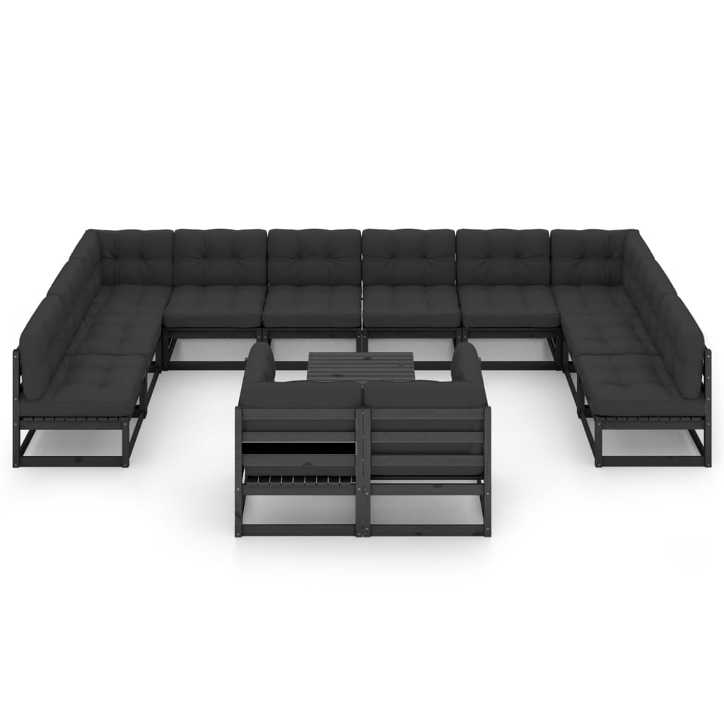13-tlg. Garten-Lounge-Set mit Kissen Schwarz Massivholz Kiefer