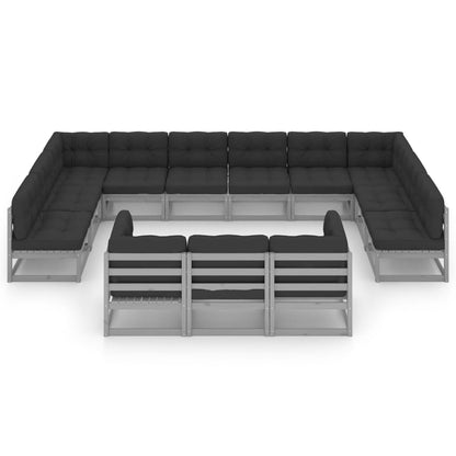 13-tlg. Garten-Lounge-Set mit Kissen Grau Massivholz Kiefer