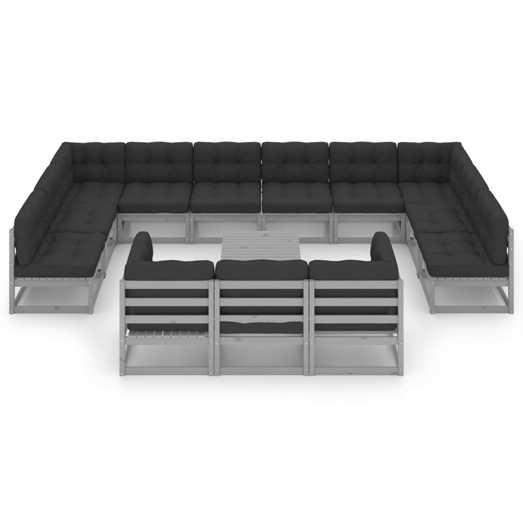 14 kom. Vrtna garnitura za sjedenje s jastucima Siva masivna borovina