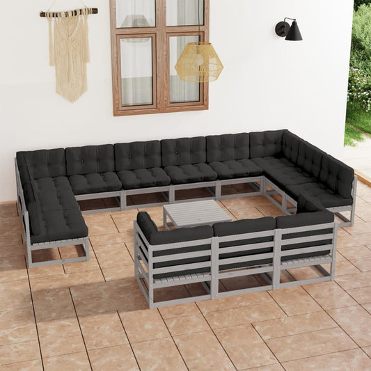 14-tlg. Garten-Lounge-Set mit Kissen Grau Massivholz Kiefer