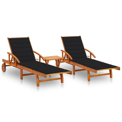 Sun loungers 2 pcs with table and cushions solid wood acacia