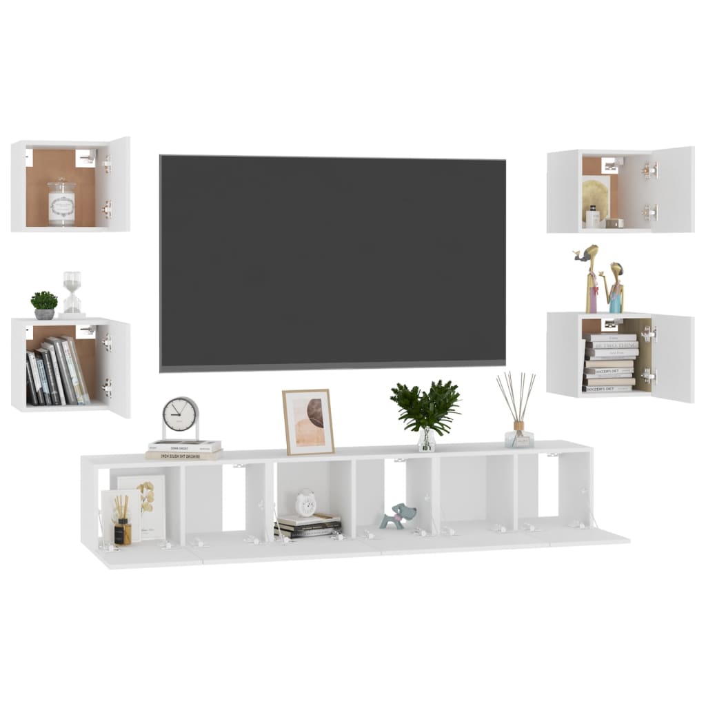 7-piece TV cabinet set white wood material