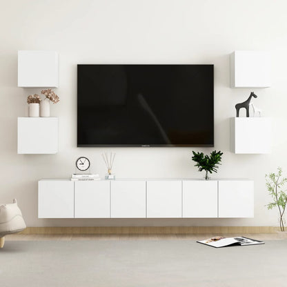 7-piece TV cabinet set white wood material