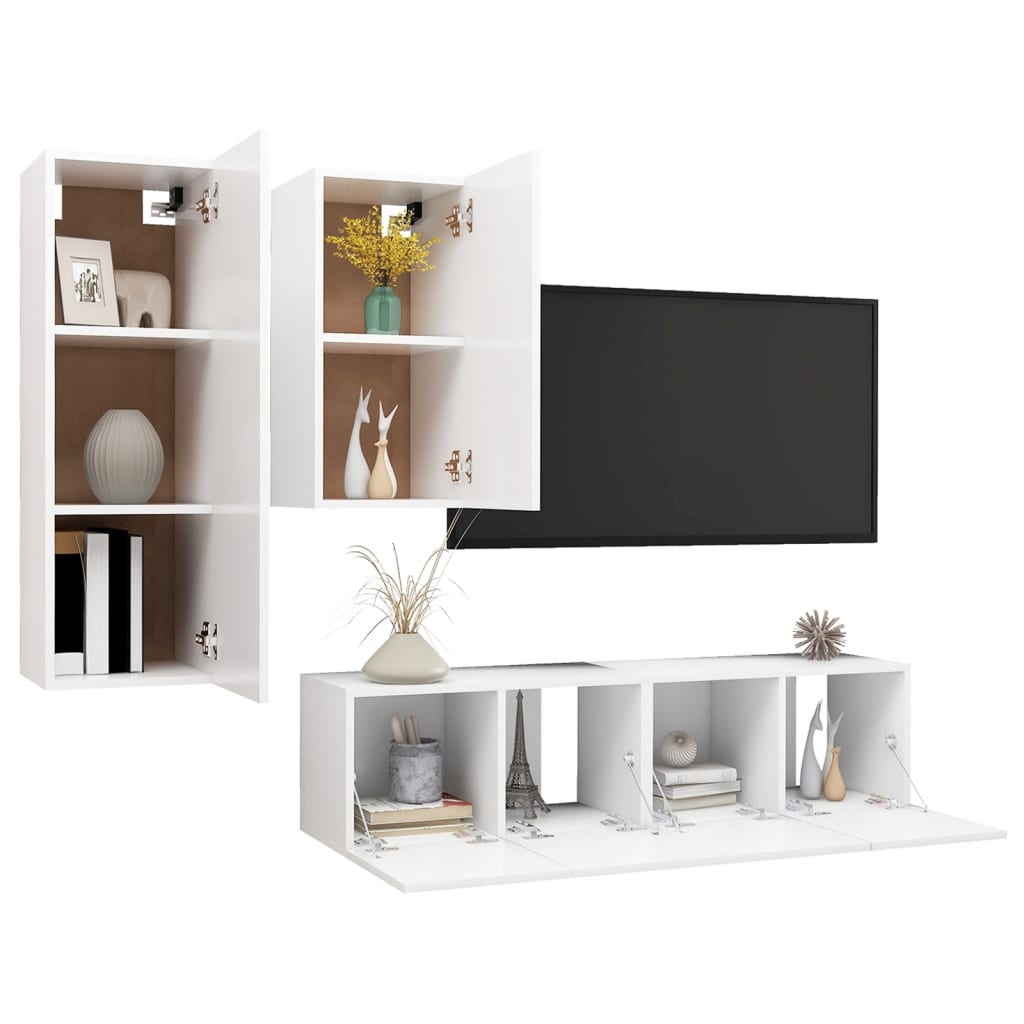 4-piece TV cabinet set white wood material