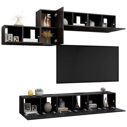 7-piece TV cabinet set black wood material