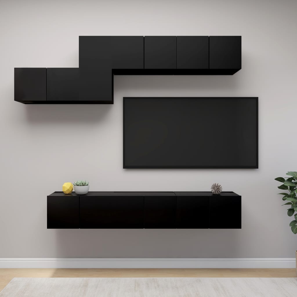 7-piece TV cabinet set black wood material