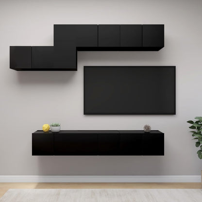 7-piece TV cabinet set black wood material