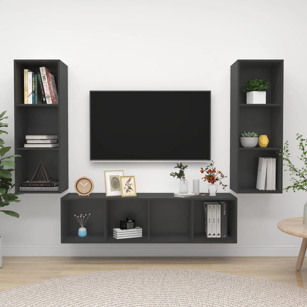 3-piece TV cabinet set grey wood material