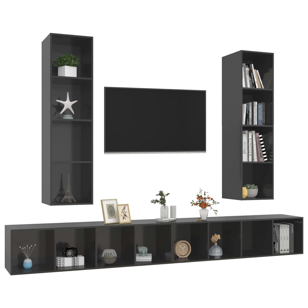 TV wall cabinets 4 pcs. High gloss grey wood material