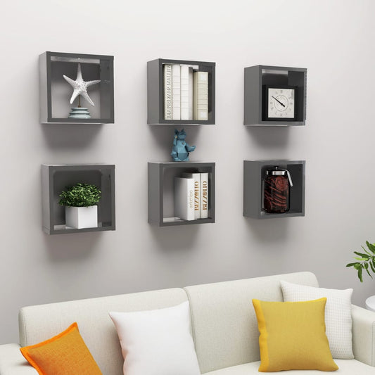 Cube shelves 6 pcs. High gloss grey 30x15x30 cm