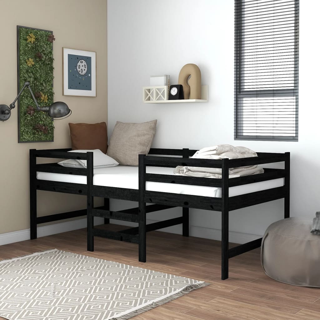 Half-loft bed black solid pine 90x200 cm