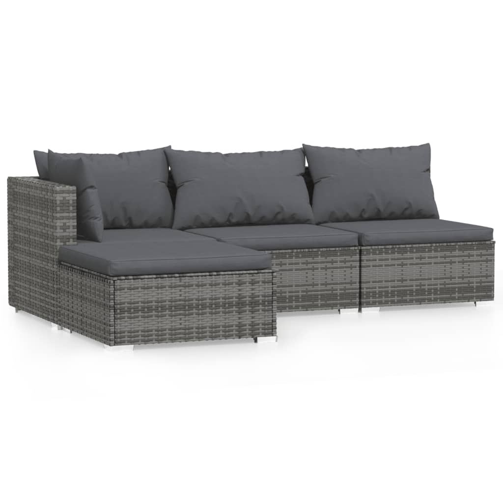 4-tlg. Garten-Lounge-Set mit Kissen Grau Poly Rattan