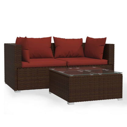 3-piece garden lounge set with cushions brown poly rattan
