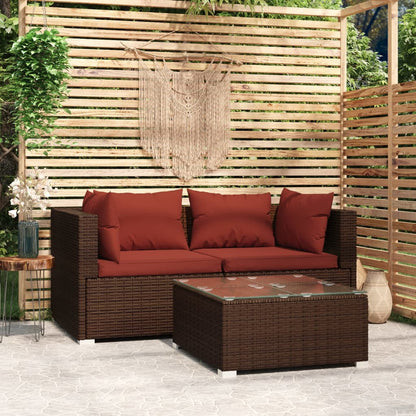 3-piece garden lounge set with cushions brown poly rattan