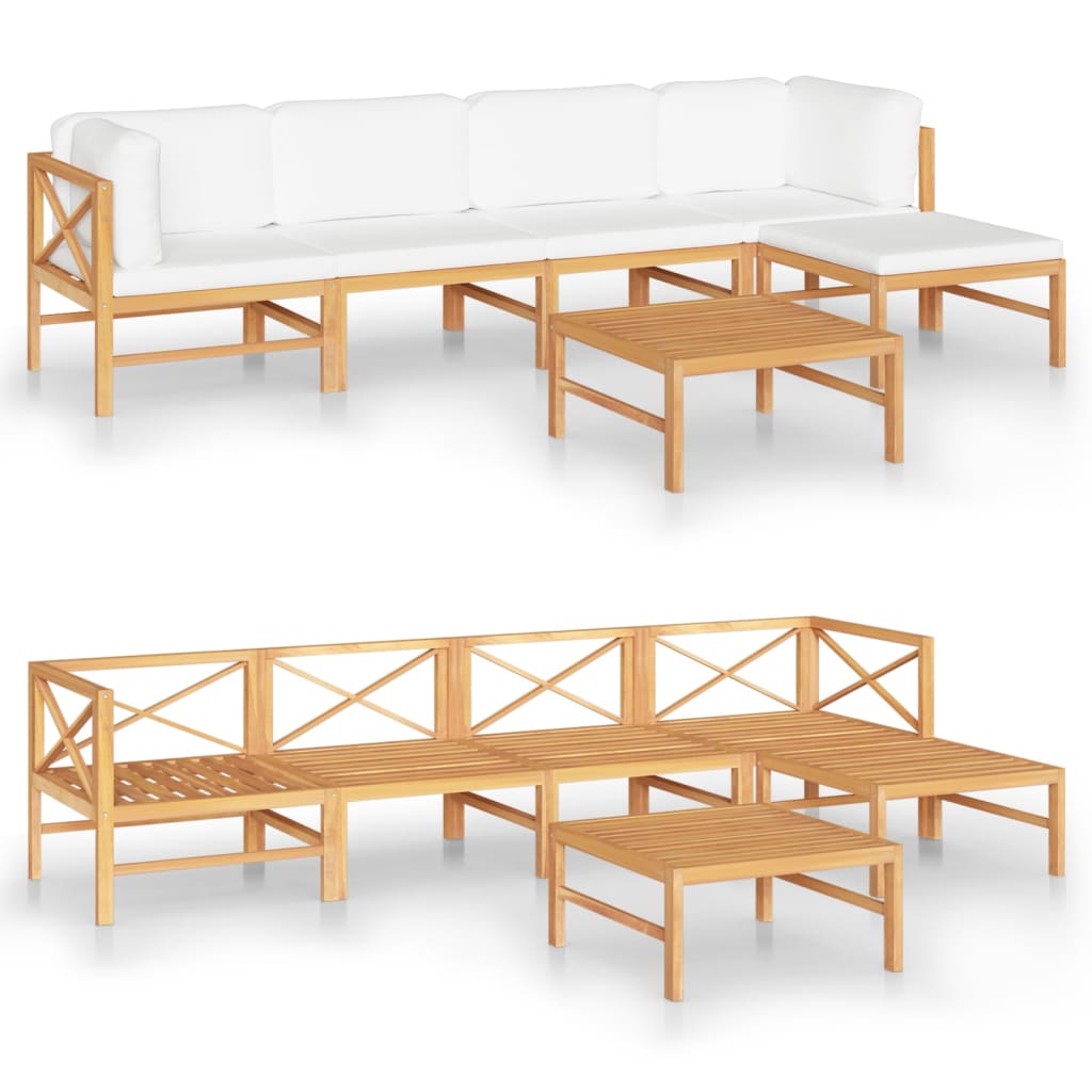 6-tlg. Garten-Lounge-Set mit Creme Kissen Massivholz Teak