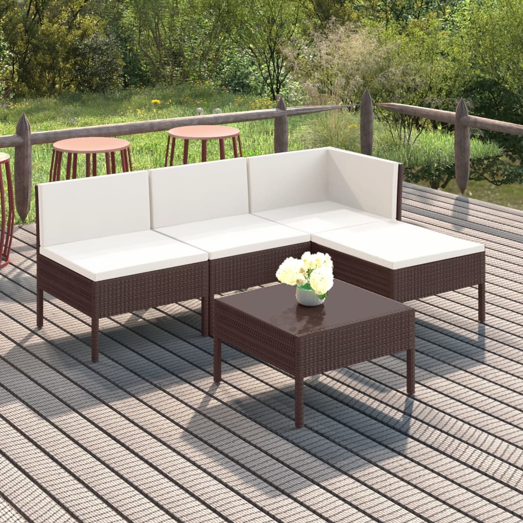 5-piece garden lounge set with cushions poly rattan brown