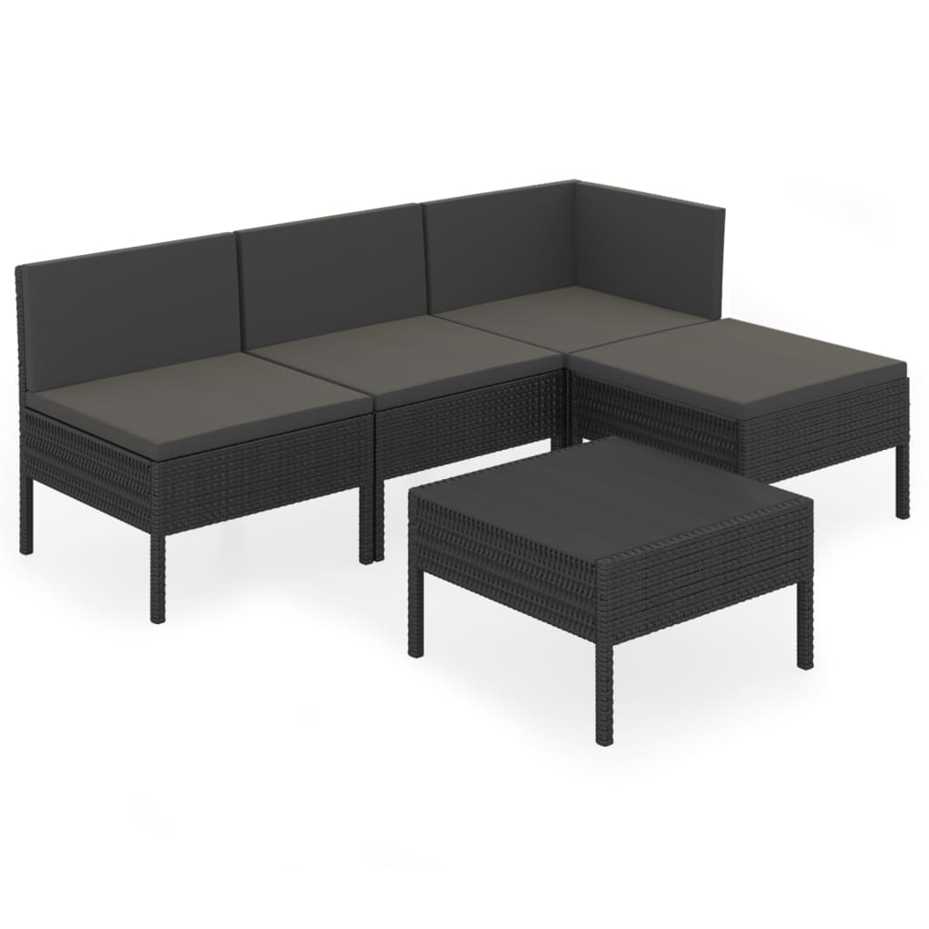 5-piece garden lounge set with cushions poly rattan black