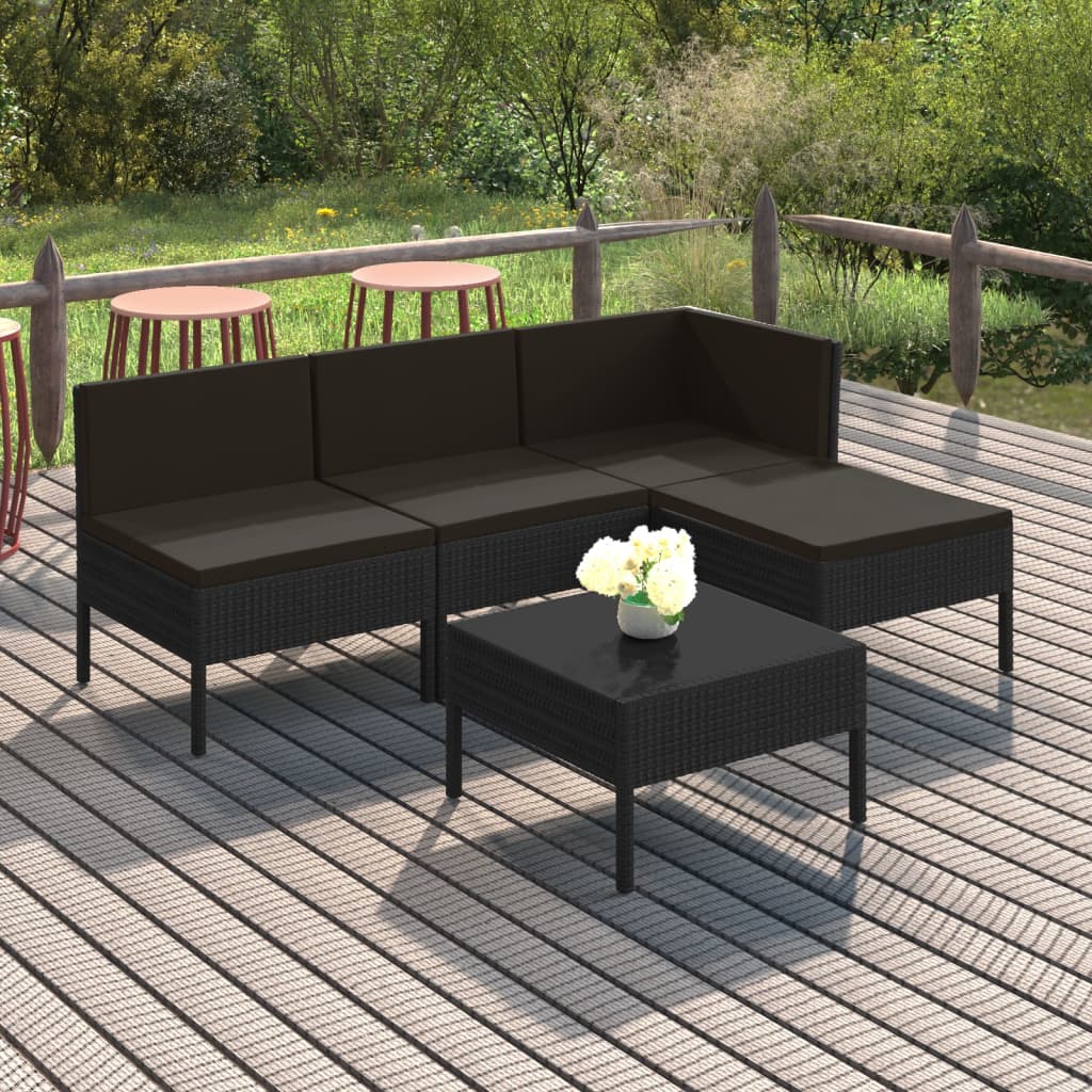 5-piece garden lounge set with cushions poly rattan black