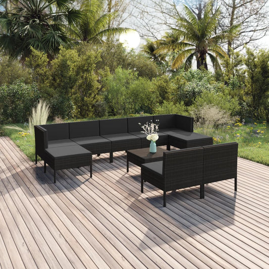 10-piece garden lounge set with cushions poly rattan black