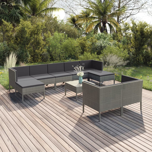 10-piece garden lounge set with cushions poly rattan grey