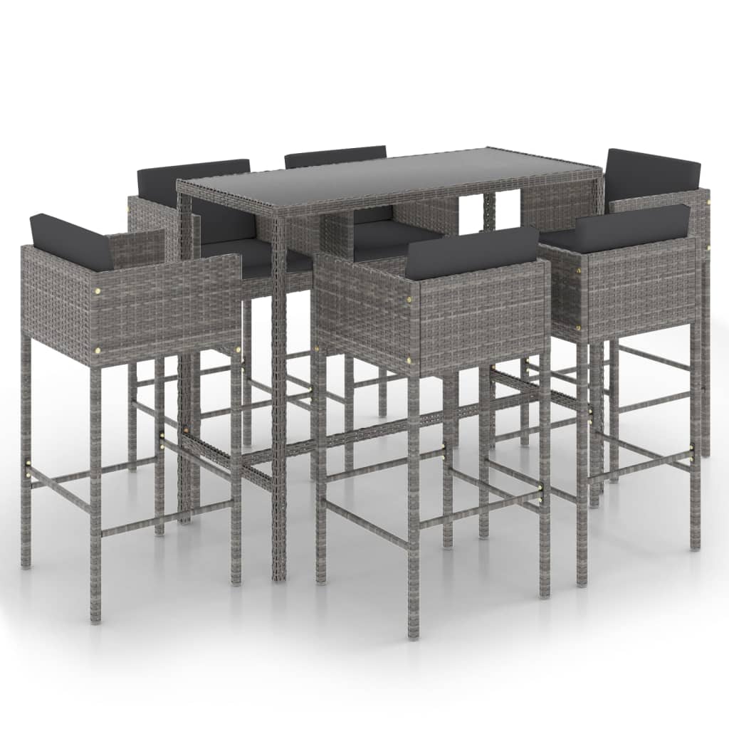 7-piece garden bar set with cushions poly rattan grey