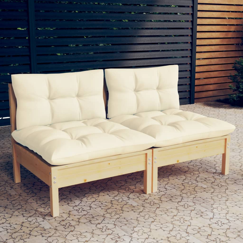 2-seater garden sofa with cream cushions solid pine