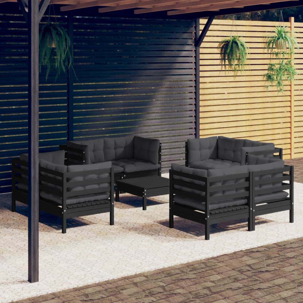 9-tlg. Garten-Lounge-Set mit Anthrazit Kissen Kiefernholz