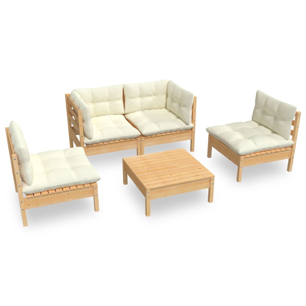5-piece garden lounge set with cream cushions solid pine wood