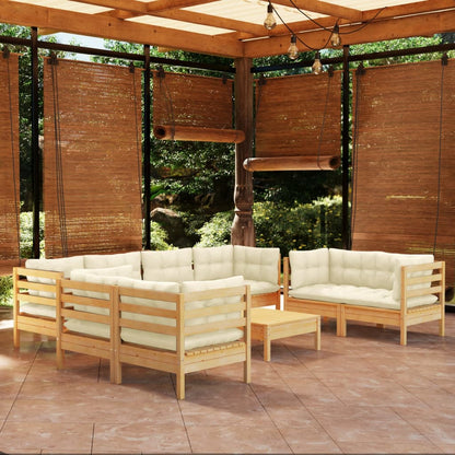 9-tlg. Garten-Lounge-Set mit Creme Kissen Kiefer Massivholz