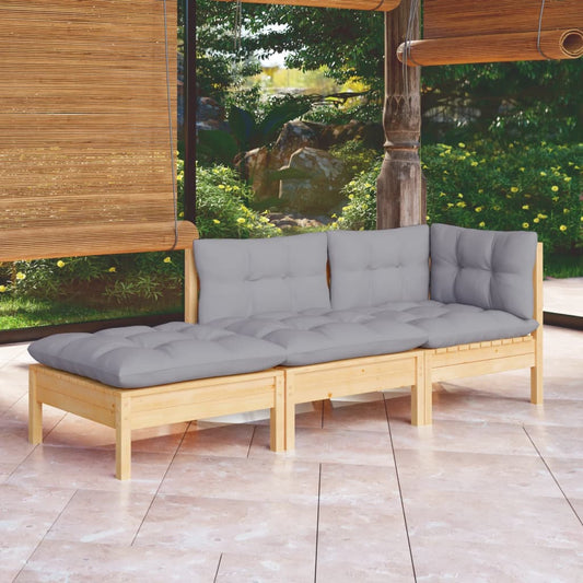 3-piece garden lounge set with grey cushions solid pine wood