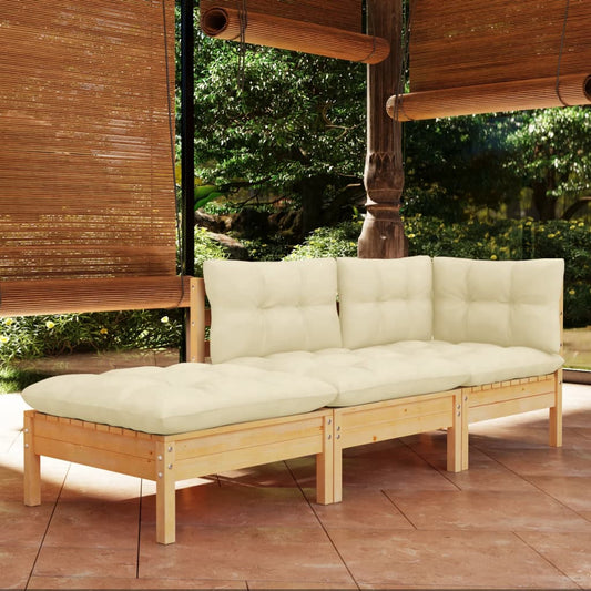 3-piece garden lounge set with cream cushions solid pine