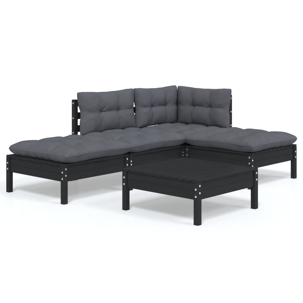5-tlg. Garten-Lounge-Set mit Kissen Schwarz Kiefernholz