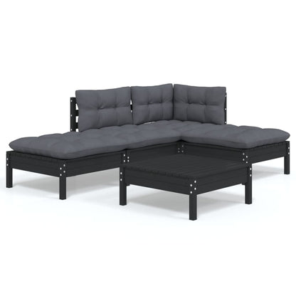 5-tlg. Garten-Lounge-Set mit Kissen Schwarz Kiefernholz