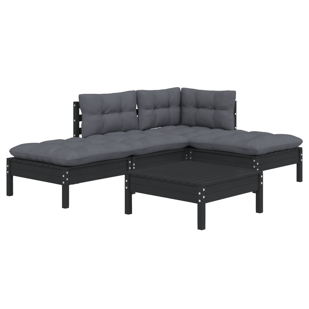 5-tlg. Garten-Lounge-Set mit Kissen Schwarz Kiefernholz