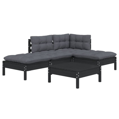 5-tlg. Garten-Lounge-Set mit Kissen Schwarz Kiefernholz