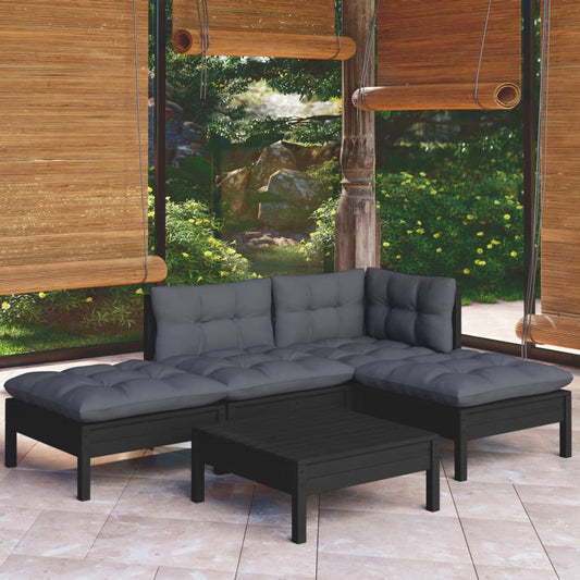 5-piece garden lounge set with cushions black pinewood