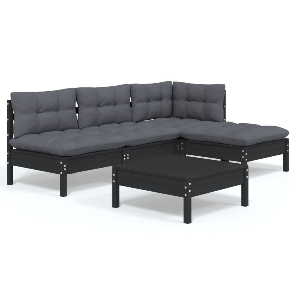 5-piece garden lounge set with cushions black pinewood
