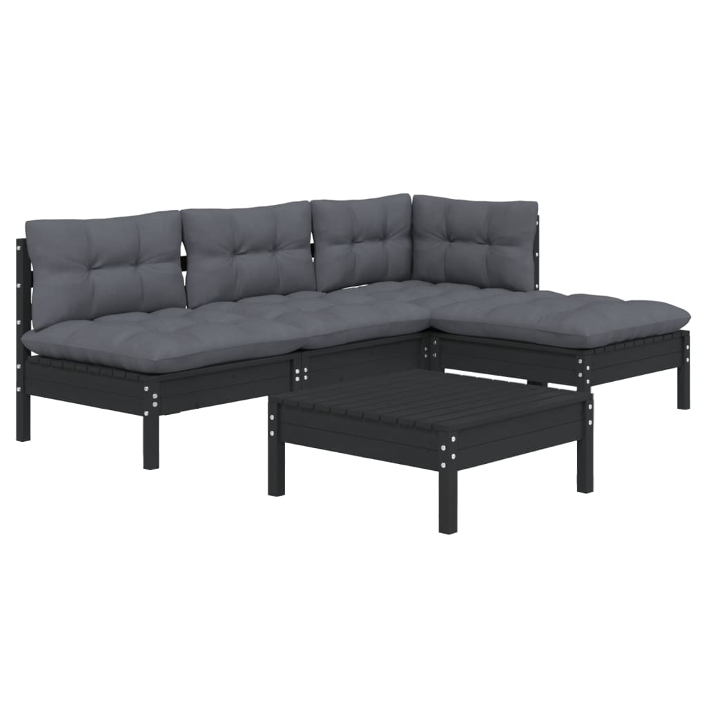 5-piece garden lounge set with cushions black pinewood