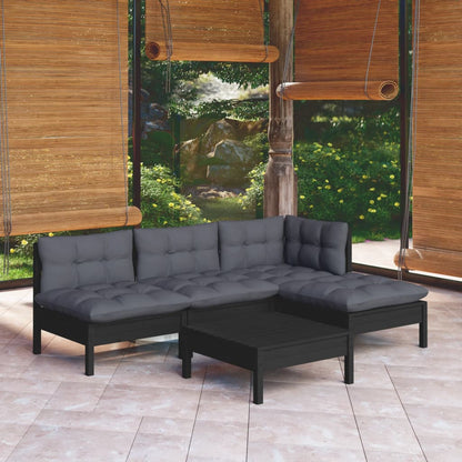 5-piece garden lounge set with cushions black pinewood